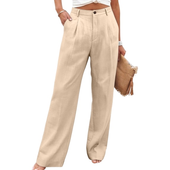 Women's Summer Vacation Linen Pants High Waist Wide Leg Loose Fit Breathable Trousers Khaki L