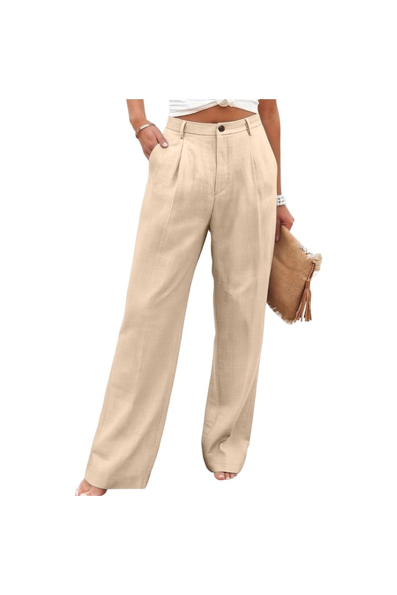 Women's Summer Vacation Linen Pants High Waist Wide Leg Loose Fit Breathable Trousers Khaki M