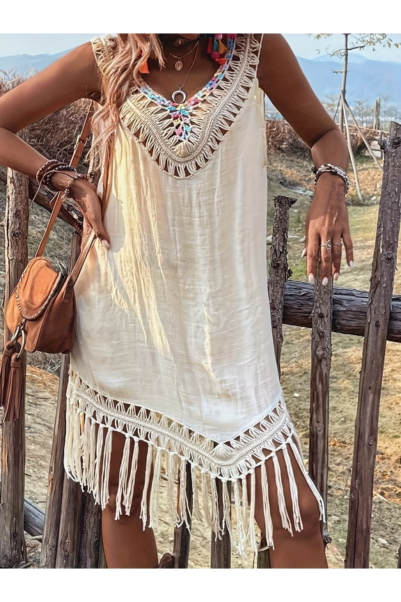 Women's Summer Vacation Style Hand-Crocheted Patchwork Colorful Knitted Thread Patchwork Tassel Pullover Hollow Beach Cover-Up