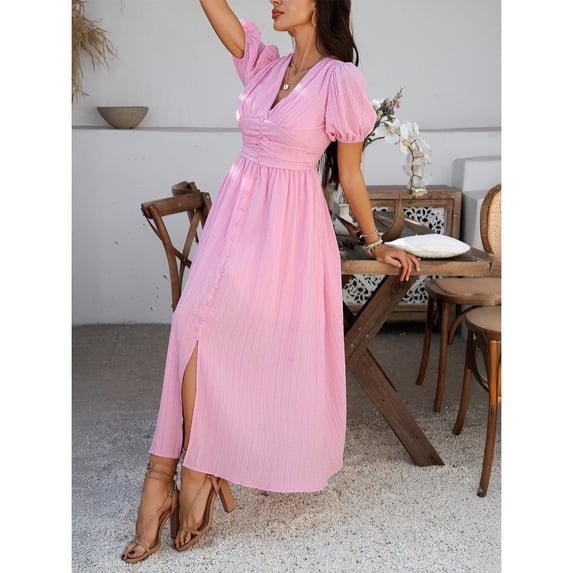 Women's Summer Vacation Style High-Waisted Short-Sleeved Single-Breasted Slit Dress