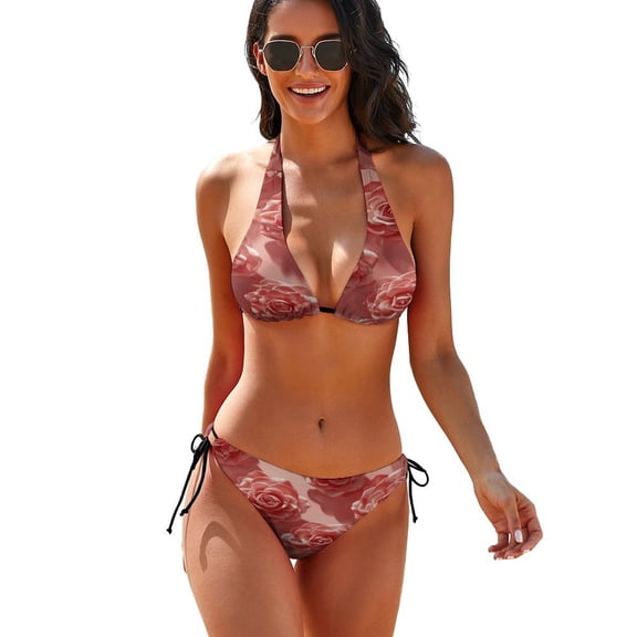 Women's Summer Valentine Roses Bloom Pink Bikini Summer Triangle Bathing Suit Tie String Thong