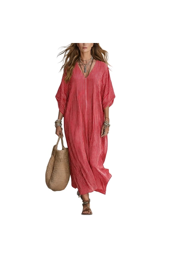 Women's Summer Vertical Striped Maxi Dress, Casual V Neck Batwing Sleeve Kaftan Dress, Flowy Loose Fit Beach Vacation Caftan