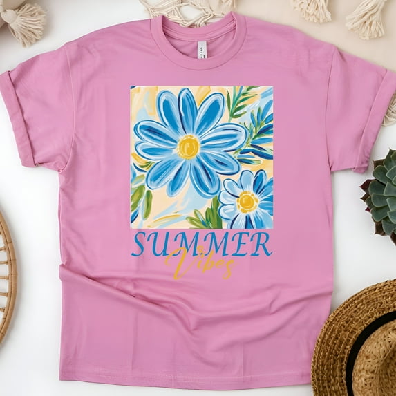 Women’s Summer Vibes Daisy Flower T-Shirt, Blue Floral Art Graphic Tee, Azalea, Size 4XL
