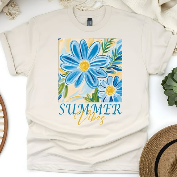 Women’s Summer Vibes Daisy Flower T-Shirt, Blue Floral Art Graphic Tee, Natural, Size 2XL