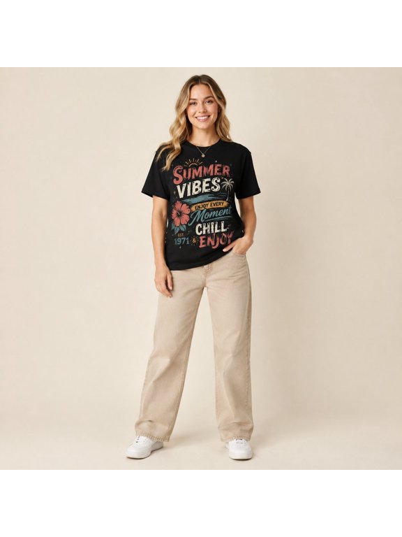 Women's Summer Vibes Enjoy Every Moment Graphic T-Shirt, Black Short Sleeve Crew Neck Tee for Beach Vacation and Casual Summer Wear