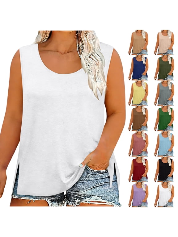 Women's Summer Vibrex Knit Ribbed Plus Size Tank Top, Fashion Casual Solid Round Neck Side Split Sleeveless Camisole, Breathable Knit Ribbed, Multiple Colors for Daily & Leisure Wear