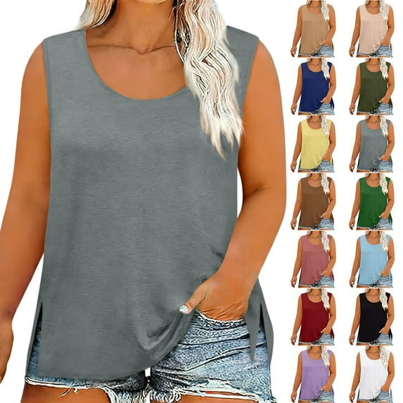 Women's Summer Vibrex Knit Ribbed Plus Size Tank Top, Fashion Casual Solid Round Neck Side Split Sleeveless Camisole, Breathable Knit Ribbed, Multiple Colors for Daily & Leisure Wear