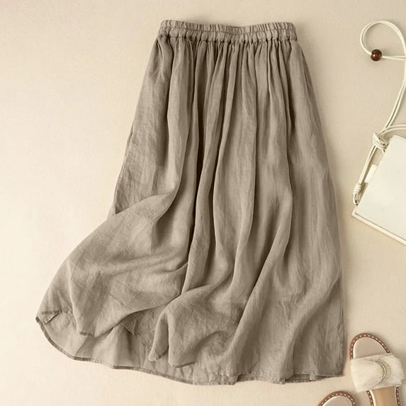 Women’s Summer Vintage Linen Solid Color Midi Skirt With Elastic Waist And Stylish Bohemian Skirt Long Floral Skirt Womens Long Skirt Tennis Skirt Leather Skirt for Women Girls Swim Skirt Leather Mini