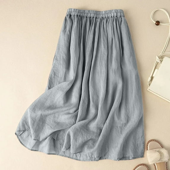 Women’s Summer Vintage Linen Solid Color Midi Skirt With Elastic Waist And Stylish plus Size Pencil Skirt for Women Side Skirts for Cars Universal Bed Skirts Twin plus Size Pleated Skirt Belly Dance
