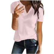 Women's Summer Waffle Knit Short Sleeve Tunic Tops Solid Color V Neck Casual Loose Blouses Shirts