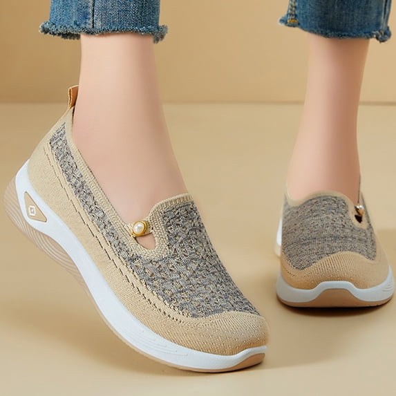 Women’s Summer Walking Shoes, Casual Soft Sole Lightweight Slip-On Sneakers - Breathable and Comfortable Elderly Shoes Daily Wear(Beige, 6.5)