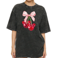 thumbnail image 1 of Women's Summer Watercolor Cherry Cluster Coquette Bow Graphic for Daily Wear Casual Washed T Shirt Black S-2XL Plus Size, 1 of 5