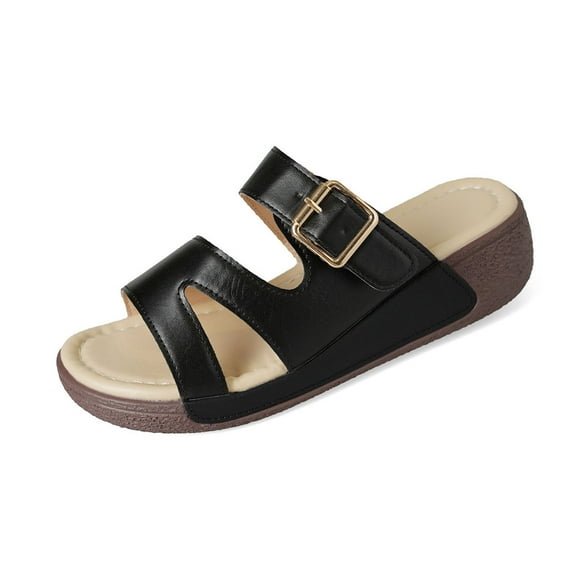 Women's Summer Wedge Sandals - Open Toe Slip-On Platform Slippers with Buckle, Comfortable Low Heel for Casual Outfits Black Women Sandal