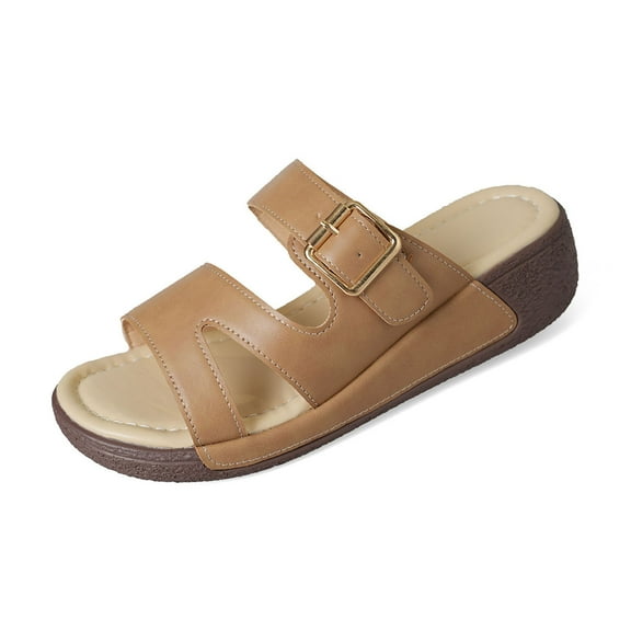 Women's Summer Wedge Sandals - Open Toe Slip-On Platform Slippers with Buckle, Comfortable Low Heel for Casual Outfits Khaki Women Sandal