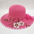 thumbnail image 1 of Women's Summer Wide Brim Straw Sun Hat Embroidered Floral Chain Bow Decor Beach UV Protection Hat Hot Pink, 1 of 3