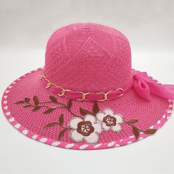 Women's Summer Wide Brim Straw Sun Hat Embroidered Floral Chain Bow Decor Beach UV Protection Hat Hot Pink