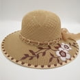 thumbnail image 1 of Women's Summer Wide Brim Straw Sun Hat Embroidered Floral Chain Bow Decor Beach UV Protection Hat Khaki, 1 of 3