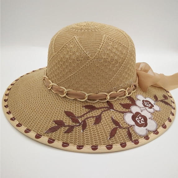 Women's Summer Wide Brim Straw Sun Hat Embroidered Floral Chain Bow Decor Beach UV Protection Hat Khaki