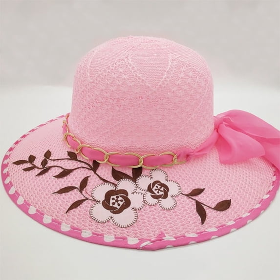 Women's Summer Wide Brim Straw Sun Hat Embroidered Floral Chain Bow Decor Beach UV Protection Hat Pink