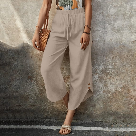 Women's Summer Wide Leg Linen Capris Drawstring Elastic Waist Loose Fitting Breathable Asymmetrical Hem Cropped Trousers Khaki M