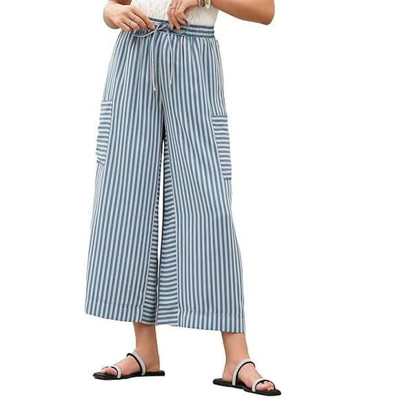 Women's Summer Wide Leg Palazzo Pants - High Waist, Striped, Flowy & Comfy with Pockets - Casual Beach, Lounge, Travel Outfit