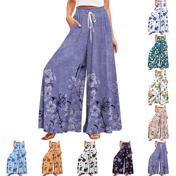 Women's Summer Wide Leg Palazzo Pants Spring Casual High Waisted Flowy Trousers Boho Beach Vacation Outfits (Light Purple S)