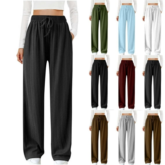 Women's Summer Wide Leg Pants Plus Size Pants Lace Up Casual Pants Elastic Waistband Loose Pants Trousers with Pockets