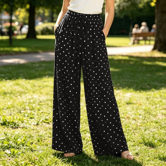 Women's Summer Wide Leg Pants Polka Dot Ribbed Drawstring High Waist Loose Relaxed Fit Black S