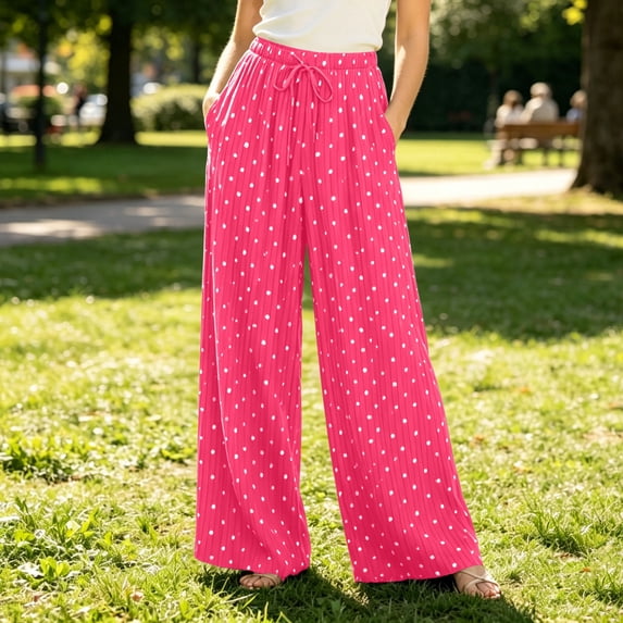Women's Summer Wide Leg Pants Polka Dot Ribbed Drawstring High Waist Loose Relaxed Fit Hot Pink L