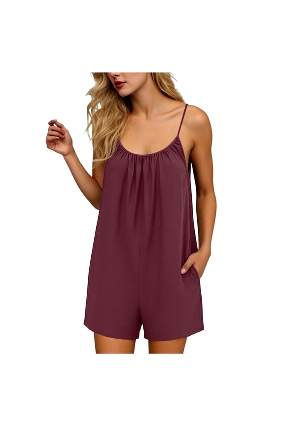 Women's Summer Wide Leg Short Romper, Cotton Linen Backless Adjustable Spaghetti Strap Jumpsuit, Casual Travel Clothes