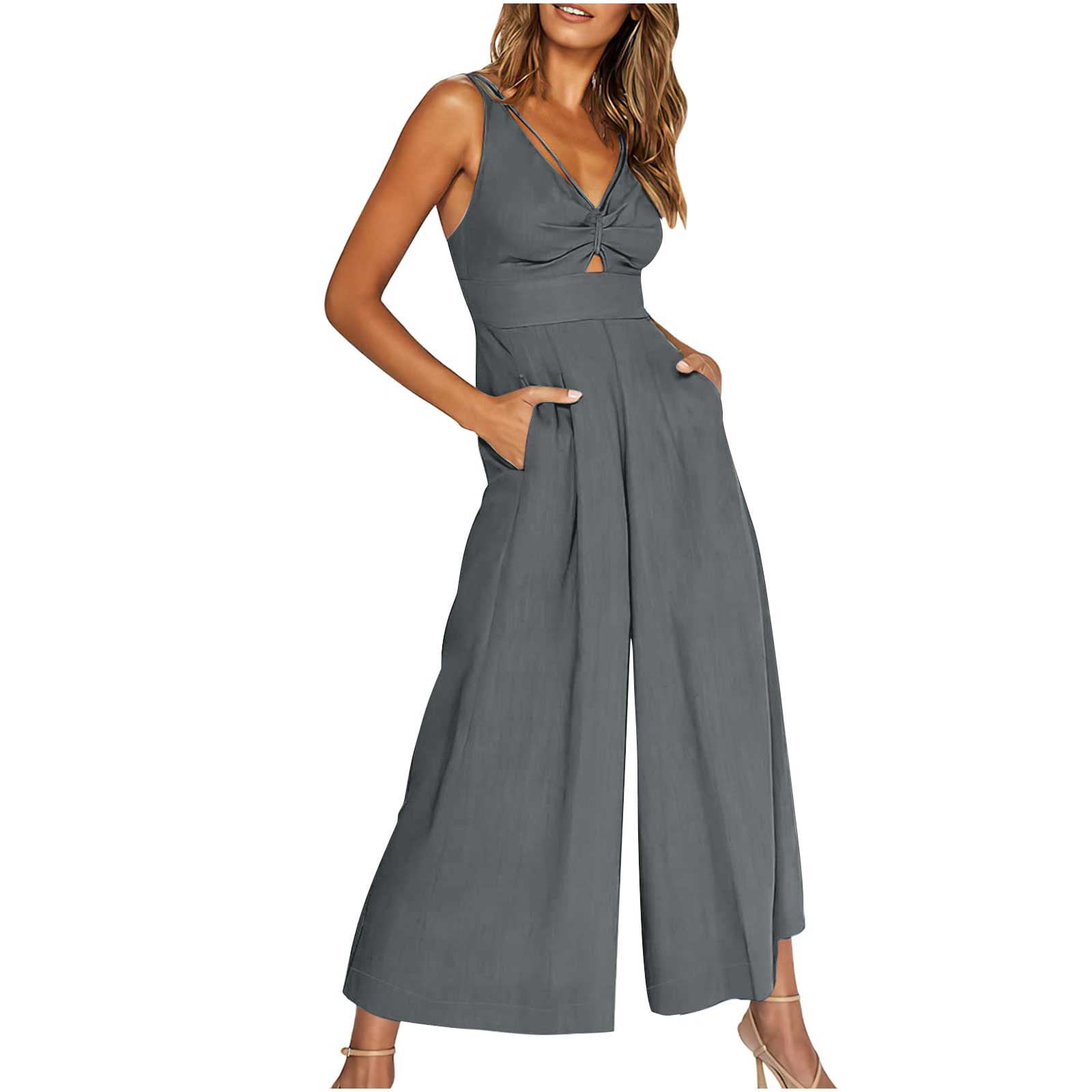 Women's Summer Wide leg Jumpsuits V Neck Smocked Cut Out High Waist Overalls  Adjustable Straps Rompers With Pockets 