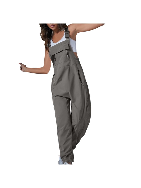 Women's Summer Workout Overalls Loose Zipper Bib Adjustable Strap Jumpsuit with Pocket Harem Long Pant Onesie Jumper, Gray, M