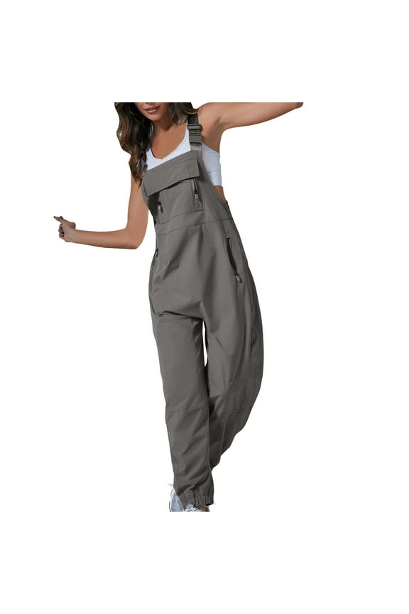 Women's Summer Workout Overalls Loose Zipper Bib Adjustable Strap Jumpsuit with Pocket Harem Long Pant Onesie Jumper, Gray, M