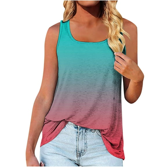 Women's Summer Workout Tank Tops Round Neck Color Block Sleeveless Trendy Blouses Casual Loose Fit Tee Shirts