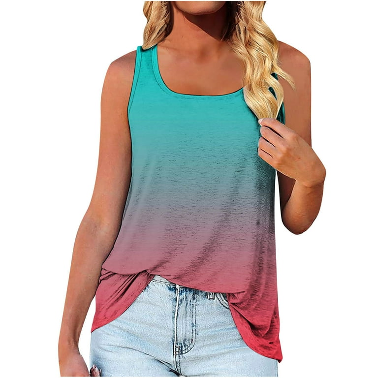Women s Summer Workout Tank Tops Round Neck Color Block Sleeveless Trendy Blouses Casual Loose Fit Tee Shirts Walmart