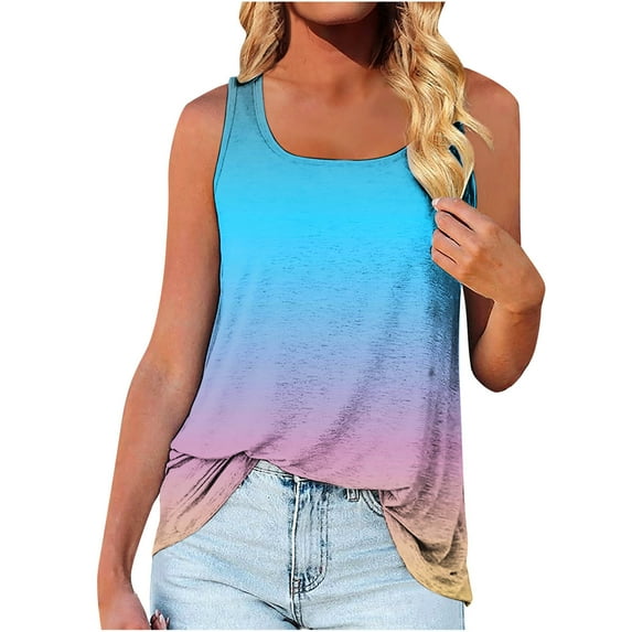Women's Summer Workout Tank Tops Round Neck Color Block Sleeveless Trendy Blouses Casual Loose Fit Tee Shirts