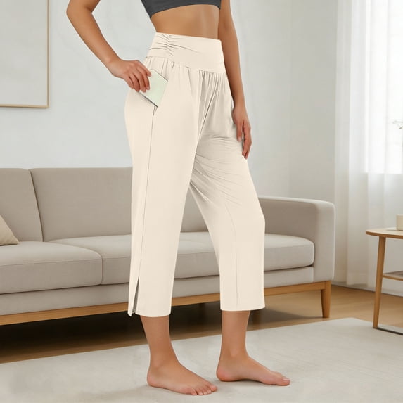 Women's Summer Woven Loose Casual Capris Solid Pants