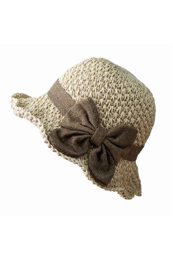 Women’s Summer Woven Straw Sun Hat with Bow, Wide Brim Packable Travel Beach Bucket Hat.(Beige)