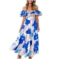 thumbnail image 1 of Women's Summer Wrap Maxi Dress Off Shoulder Casual Boho Floral V Neck Short Sleeve Ruffle Hem Hollow Beach Long Dresses, 1 of 3