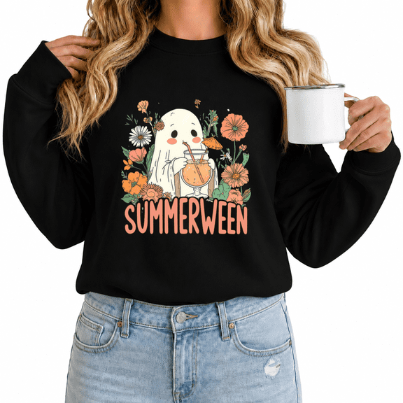 Women's Summerween Ghost Graphic Sweatshirt Playful Crewneck Pullover Seasonal Halloween Festive Shirt