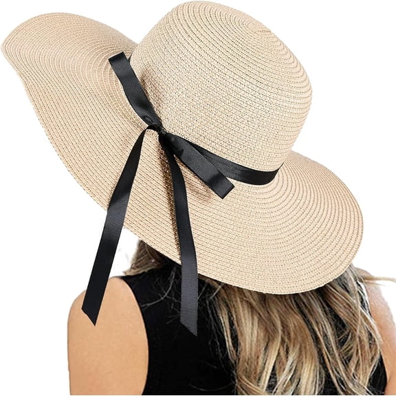 Women's Sun Beach Straw Hat Foldable Floppy Hats Summer UV Protection Wide Brim with Bowknot for Travel Beach Cap