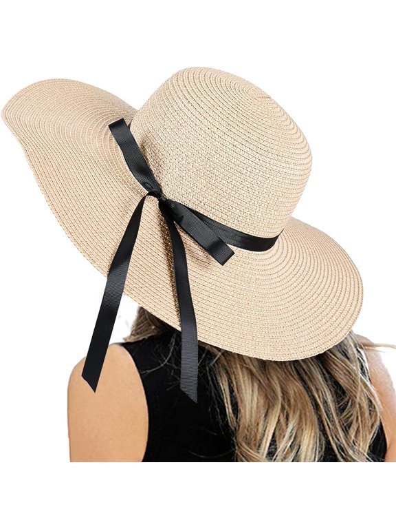 Women's Sun Beach Straw Hat Foldable Floppy Hats Summer UV Protection Wide Brim with Bowknot for Travel Beach Cap