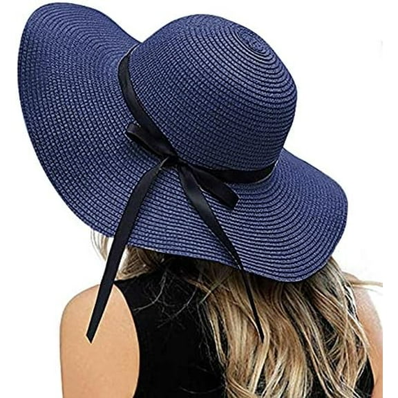Women's Sun Beach Straw Hat Foldable Floppy Hats Summer UV Protection Wide Brim with Bowknot for Travel Beach Cap