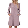 thumbnail image 1 of Women's Sun Dresses Fashion Solid Color V-neck Brushed Rib A-line Long-sleeve Button Pockets Dress A-Line Party Dress with Pockets, 1 of 6