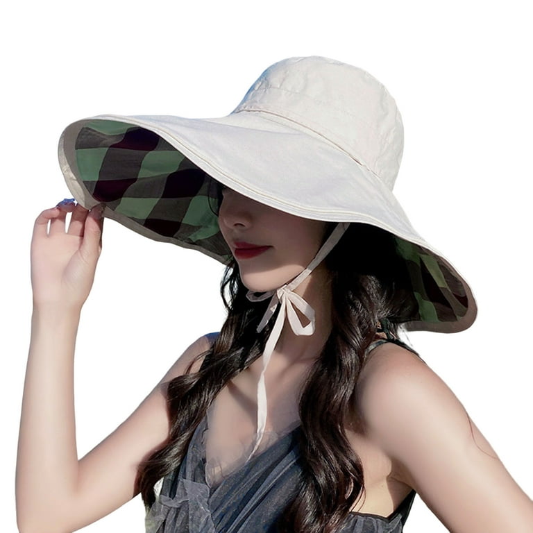 Women's Sun Hat Cotton Bucket Hat Fashion Summer Beach Wide Brim Hat Travel  Packable Reversible Double-Side-Wear Cap