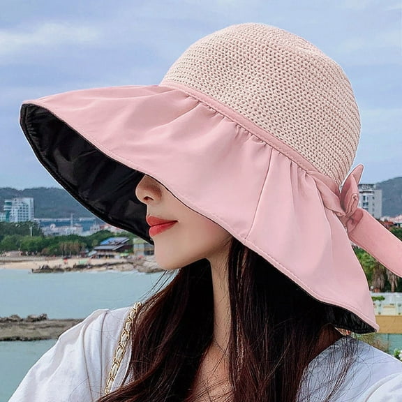 Women's Sun Hat Large Brim Foldable Breathable Floppy UV Bow Tie Decor Women Sunscreen Summer Hat Beach Cap