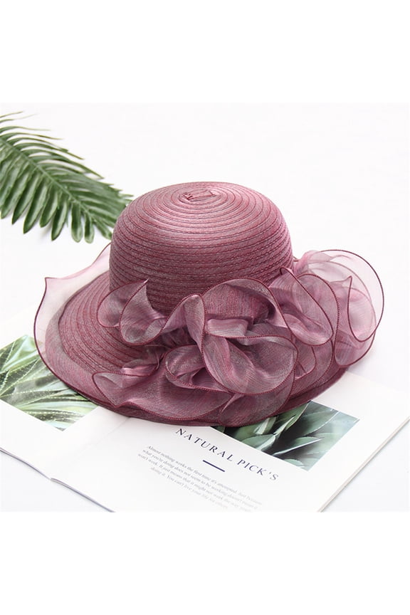 Women's Sun Hat, Organza Fascinator Hat with Flowers, Wide Brim Foldable Floppy Beach Hat, Elegant Tea Party Hat for Wedding, Garden Party, UV Protection and Summer Outfits-Purple