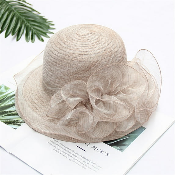 Women's Sun Hat, Organza Fascinator Hat with Flowers, Wide Brim Foldable Floppy Beach Hat, Elegant Tea Party Hat for Wedding, Garden Party, UV Protection and Summer Outfits-Khaki