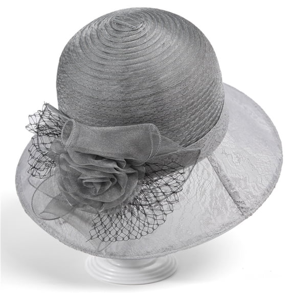 Women's Sun Hat, Organza Wide Brim Floppy Hat with 3D Flower and Lace Trim, Beach Wedding Sun Hat for Women, Summer UV Protection Elegant Sun Visor-Gray