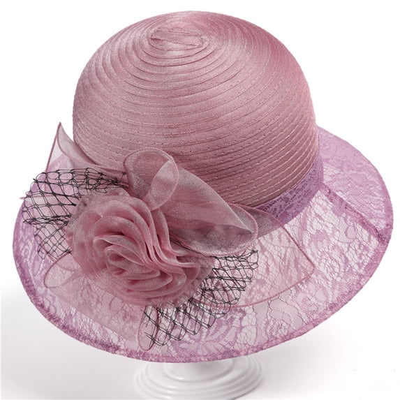 Women's Sun Hat, Organza Wide Brim Floppy Hat with 3D Flower and Lace Trim, Beach Wedding Sun Hat for Women, Summer UV Protection Elegant Sun Visor-Purple